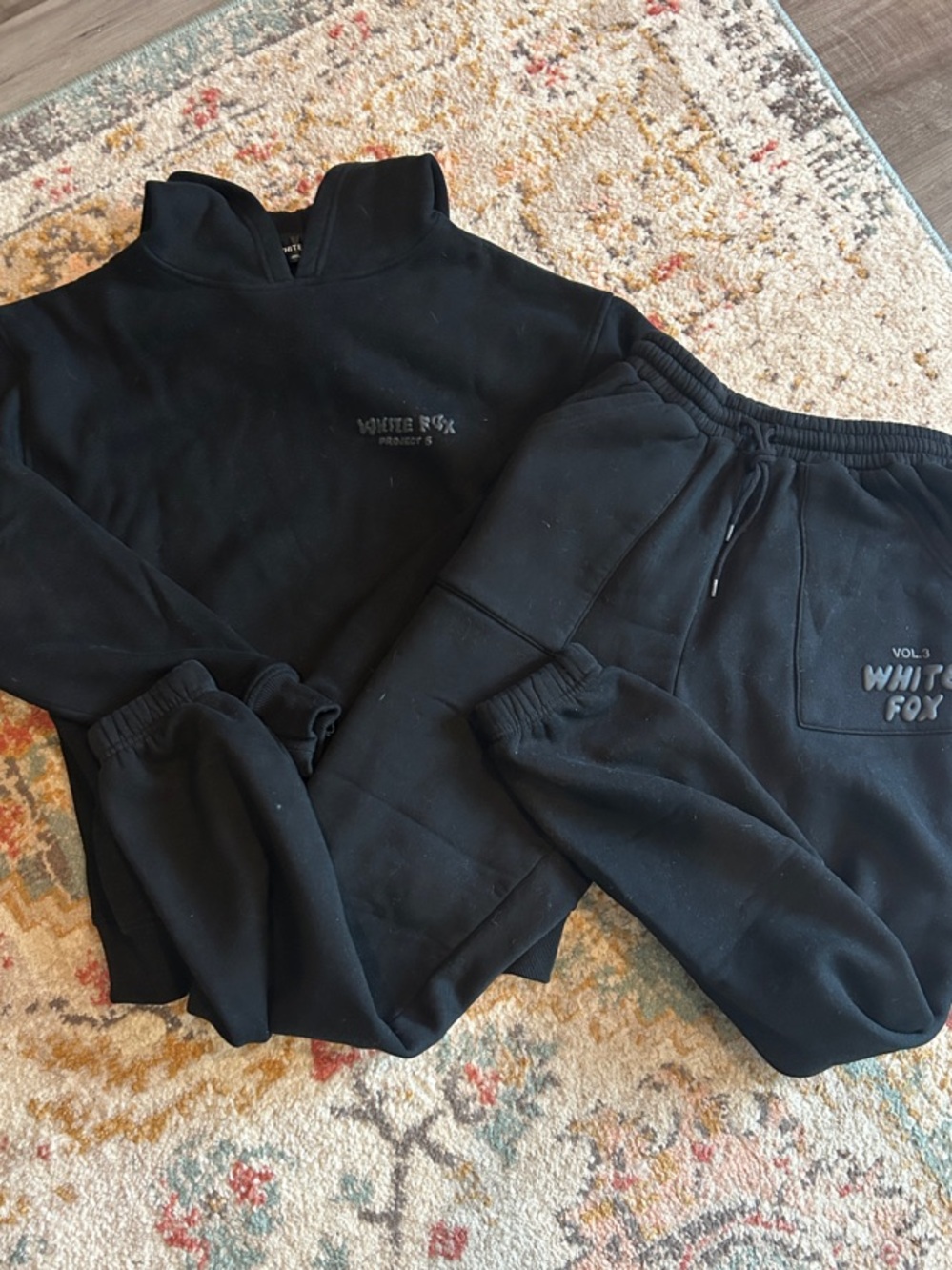 White Fox Puff Logo Hoodie & Jogger Set in Black